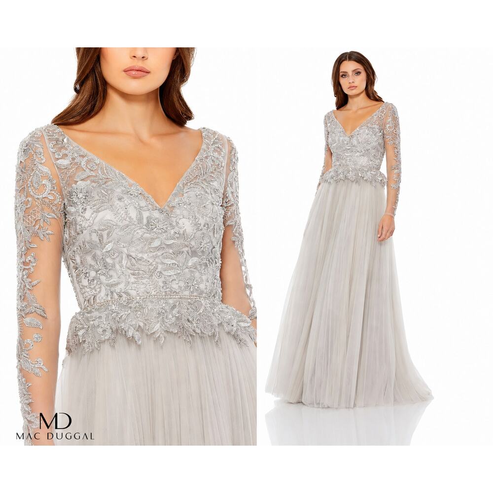 Mac Duggal 11168 Silver Tulle Gown Size 10 NWT Long Dress